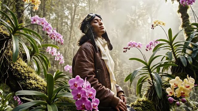Young adventurer in goggles and leather jacket explores lush orchid jungle, inspired by vintage aviation