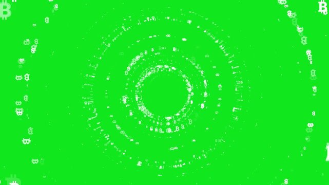 Bitcoin signs and symbol financial speed tunnel camera zooming animation on black background.