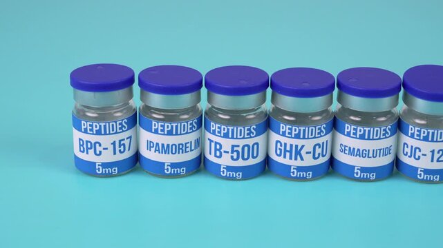 Peptide Vials Labeled BPC-157, Ipamorelin, TB-500, GHK-CU, Semaglutide, CJC-1295