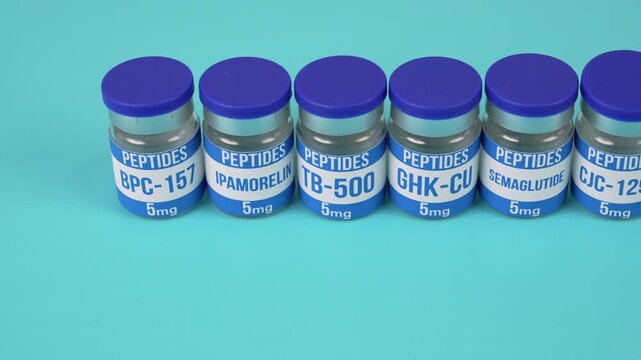 Peptide Vials Labeled BPC-157, Ipamorelin, TB-500, GHK-CU, Semaglutide, CJC-1295