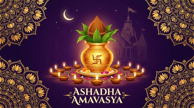 Ashadha amavasya greeting card with kalash and diya lamps