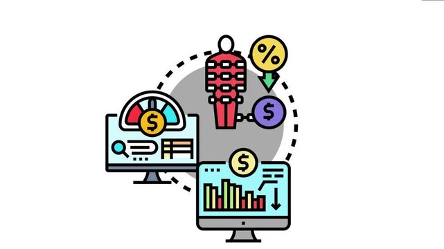 Financial diagram asset purchase factoring without liability, showing a human seller linked to funding, a percentage fee, and digital displays tracking financial analysis and accounting