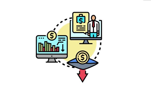 Asset retirement concept the management of business assets, financial depreciation, and value decline using digital screens and a symbolic envelope with a downward arrow
