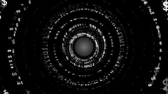 Dollar signs and symbol financial speed tunnel camera zooming animation on black background.