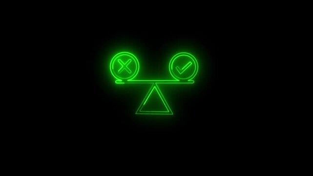 Neon green balance scale with checkmark and cross sign for decision making and comparison concept choice