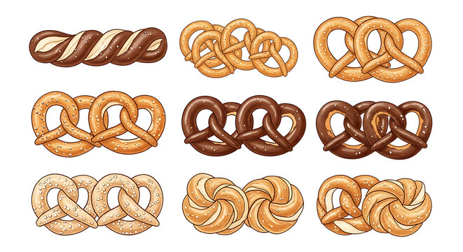 Collection of nine different types of pretzels including plain, salted, chocolate-dipped, and twisted varieties, isolated on a white background