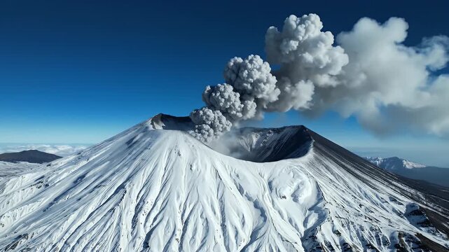 Spectacular aerial view of a snow-covered volcano erupting with smoke and ash billowing into the clear blue sky