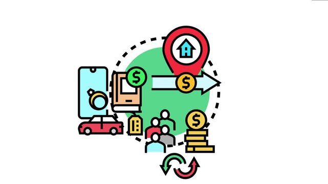Asset transfer concept property exchange, financial transactions, and investment management involving various valuable possessions and monetary exchange between people