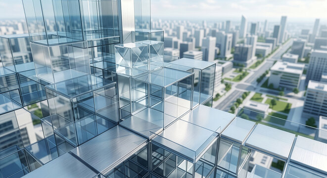 都市景観を背景に積み重なる透明なガラスと金属のキューブ構造体ビジネスやテクノロジーの成長コンセプト3D背景