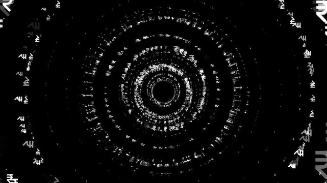 Rupee signs and symbol financial speed tunnel camera zooming animation on black background.
