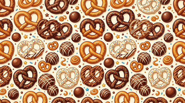 Seamless pattern background, featuring various types, of pretzels and, chocolate truffles arranged, in a repetitive, decorative culinary layout