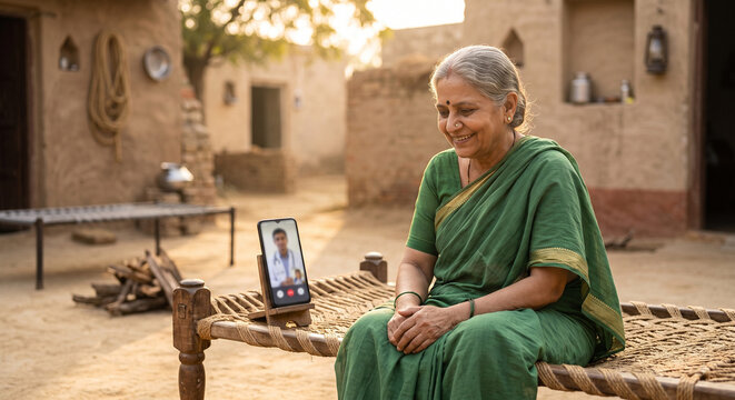 Elderly Indian woman video calling grandchildren while sitting on a charpai in a village home