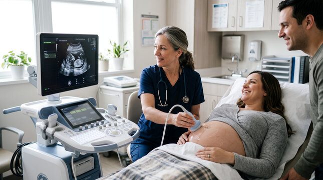 Pregnant woman receiving prenatal ultrasound examination with partner and healthcare professional in modern medical clinic, viewing fetal sonogram during maternity checkup and pregnancy care