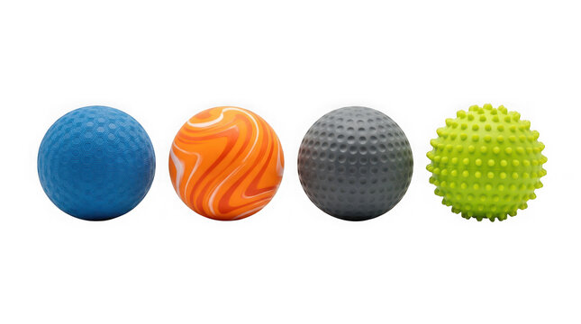 Four different textured exercise balls isolated on transparent background