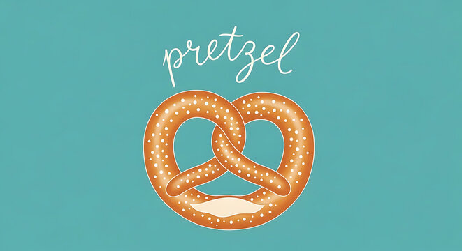 Minimalist pretzel on teal background, with script typography, for modern bakery, branding and food, related projects