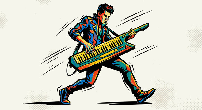 Musician playing keytar, energetic retro style