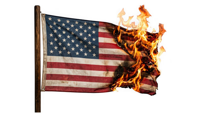 American flag burning on a wooden pole isolated on transparent background