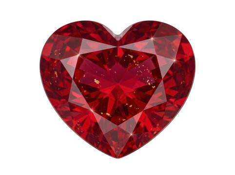 A sparkling red ruby gemstone cut into a heart shape with golden inclusions inside