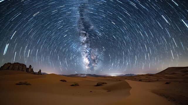 Stunning Milky Way Galaxy Over Desert Landscape with Sand Dunes and Rock Formations at Night