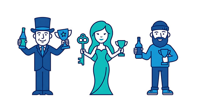 Minimalist blue of three characters holding beer bottles and trophies, representing celebration, success, and festive achievement