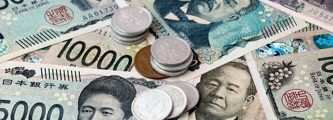 Japanese yen money banknotes and coins on table. Japan cash bills of JPY currency © Viktor