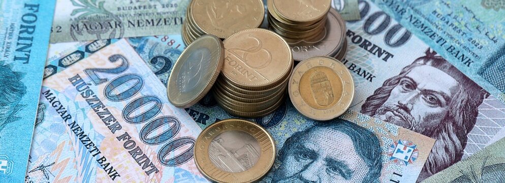 Hungarian forint money banknotes and coins on table. Hungary cash bills of HUF currency