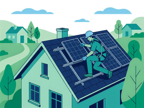Person installing solar panels on rooftop home flat vector illustration