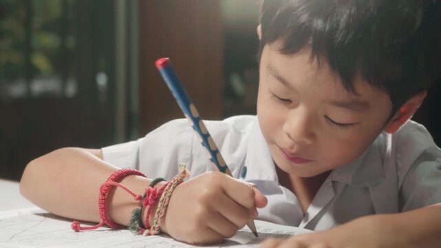 Footage of a young child in a school uniform concentrating on writing or drawing at a desk, showing focus, handwriting practice, early education, and childhood learning.