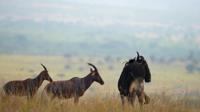 Blue Wildebeest and Topi Antelopes Standing Alert in Maasai Mara National Reserve Kenya
