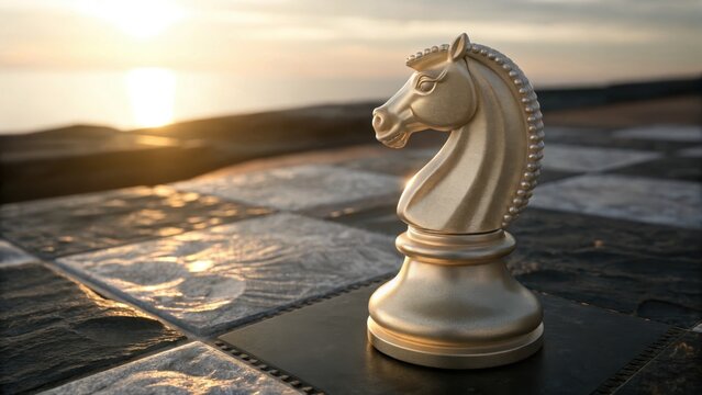 Golden Chess Knight on a Textured Board at Sunset