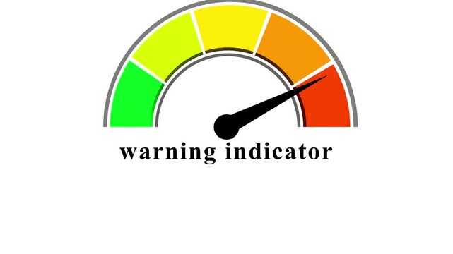 Warning indicator speedometer graphic moving from green to red on white surface.