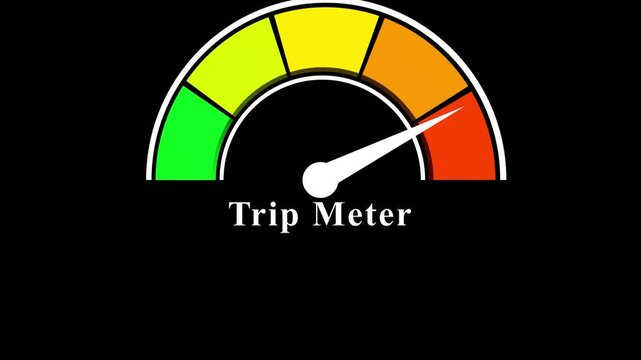 Animated trip meter gauge moving from green to red zone over black background.