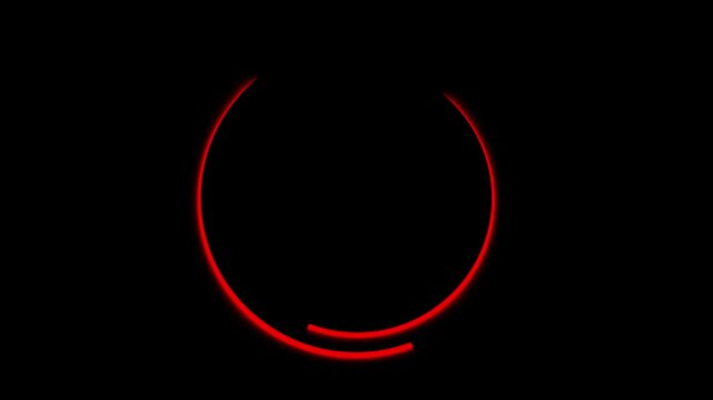 Glowing red neon circle ring with open gap on black background, futuristic abstract light design