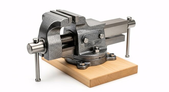 Metal bench vise mounted on wooden board