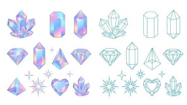 Holographic crystal gems and diamonds vector illustration set.