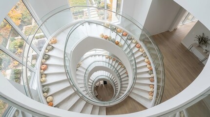Fototapeta premium Intricate white spiral staircase with golden accents and sculptural pumpkins, interior architecture golden railings