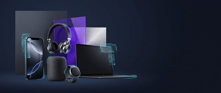 New electronics display IFA Berlin with smartphone, headphones, smart speaker, wearable device and laptop in futuristic mixed-media collage