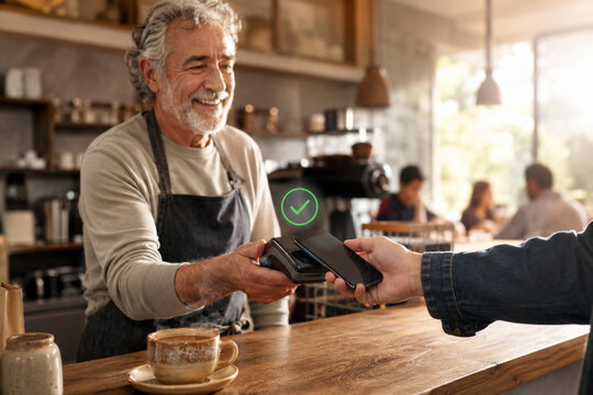Elderly shop owner accepting mobile payment with contactless card reader in warm cafe interior setting promotes modern digital transaction convenience.