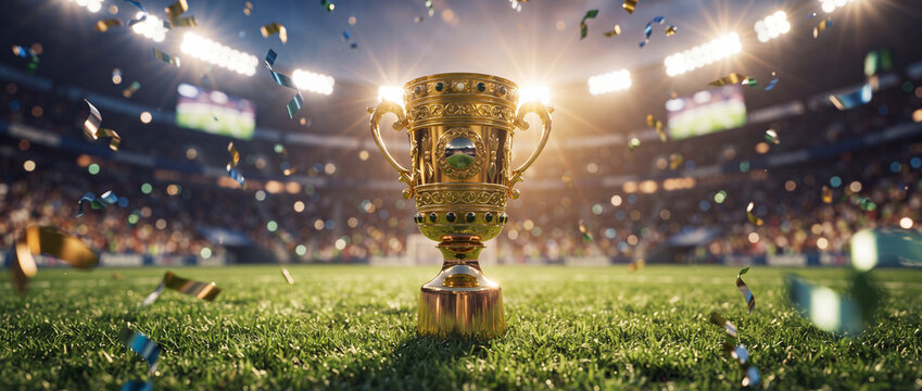 Golden trophy cup on football field with falling confetti and bright stadium lights creates a victorious championship atmosphere for sports editorial and tournament promo