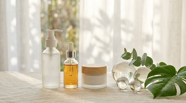 Natural cosmetic bottles and face cream jar with green leaves on a bright sunny windowsill. exclusive skincare offers