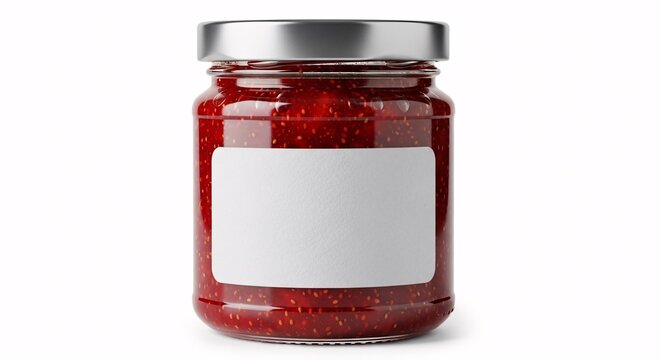 Glass jar of red strawberry jam with blank label