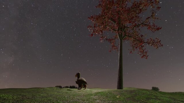 inematic 3D animation featuring a smooth 360-degree orbit of a giant prehistoric Terror Bird. The carnivorous predator stands on hilly terrain with short grass, near a tree with vibrant autumn leaves.