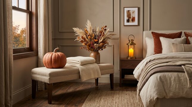 Rustic autumn bedroom with pumpkin, floral arrangement, and neutral tones bedroom interior autumn decor