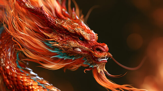 Fiery Red Chinese Dragon Portrait on Dark Background
