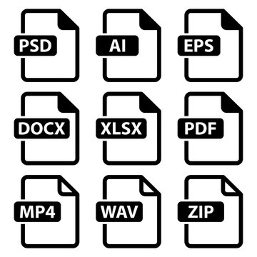 File format icons set for document and media types in flat vector style