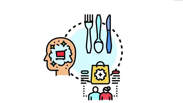 Assorted daily use items and services representing consumer needs and wants, depicting people making purchasing choices and managing household demands in a retail environment