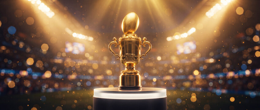 Rugby trophy cup on pedestal stands illuminated under stadium lights with golden bokeh background, ideal for sports championship banners and award announcements for commercial technology