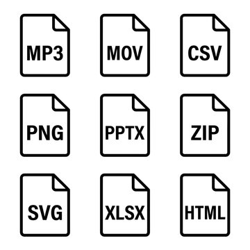 Set of file format icons for digital documents and media file extensions