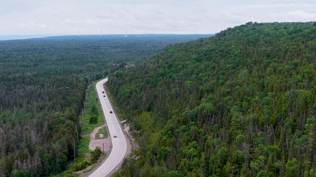 Cinematic aerial footage captures a rocky shoreline bordered by dense forest and clear lake water near Mchigeeng in a peaceful rural setting