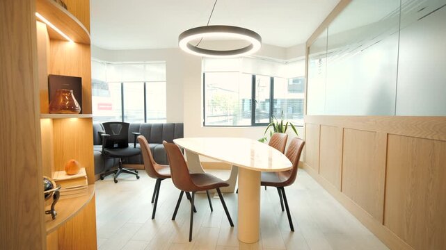 Full space framing: oval meeting table, ergonomic chairs, suspended circular lighting, wooden display furniture, walls with panels and glass, next to windows that provide natural light